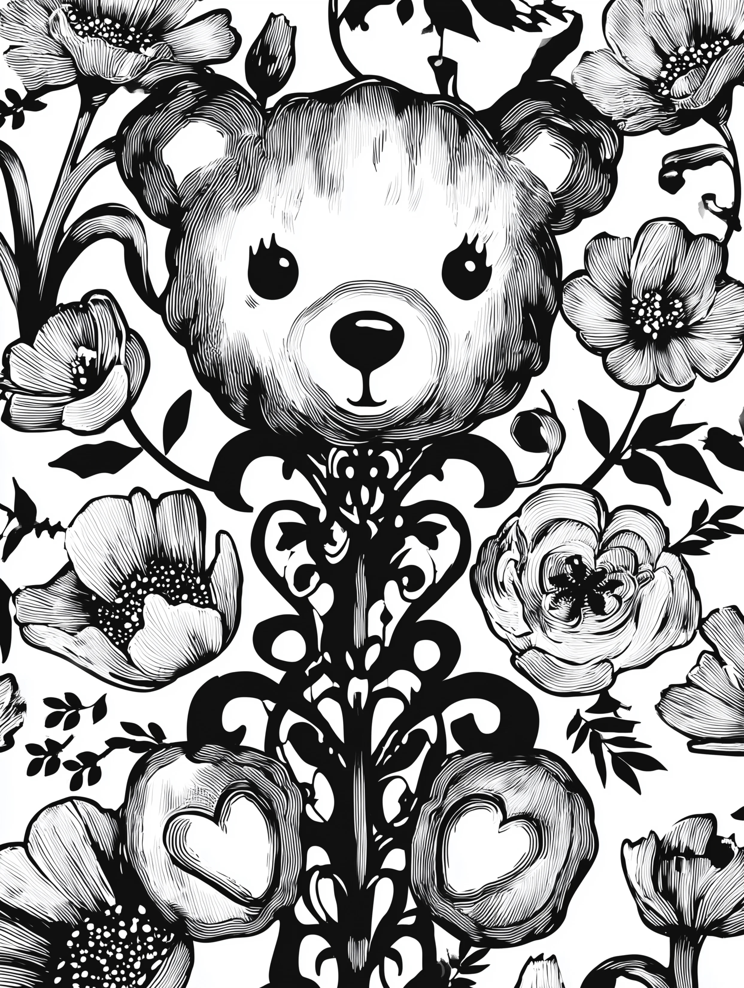 Free printable bear coloring book page featuring a wrought iron style bear head and feet